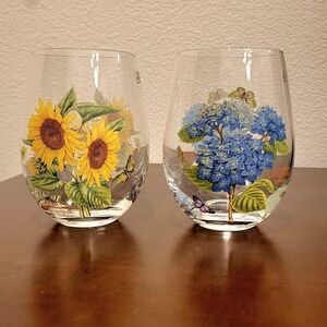 Portmeirion Botanic Garden Stemless Wine Glasses 19oz Floral Set Of 2